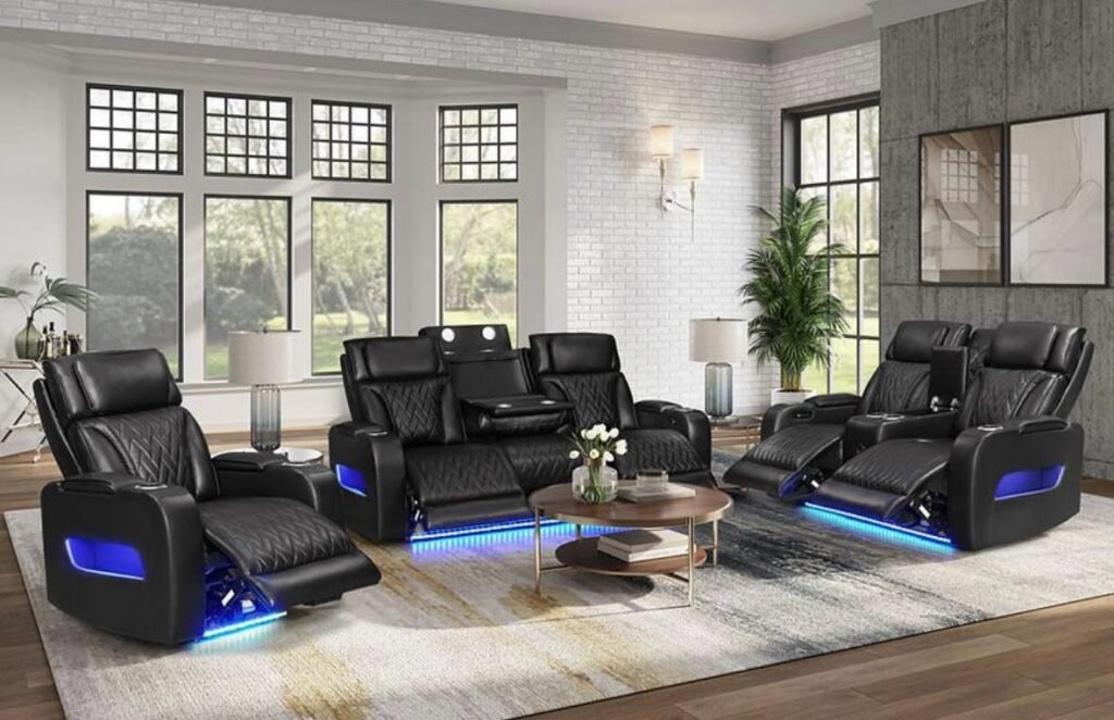 Luxury LED Reclining Living Room Set with Center Console – Black Faux Leather Home Theater Style
