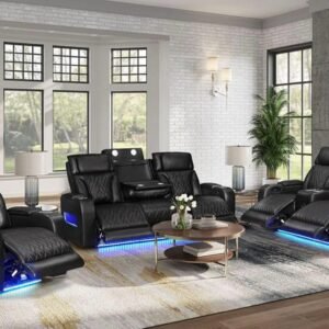 Luxury LED Reclining Living Room Set with Center Console – Black Faux Leather Home Theater Style