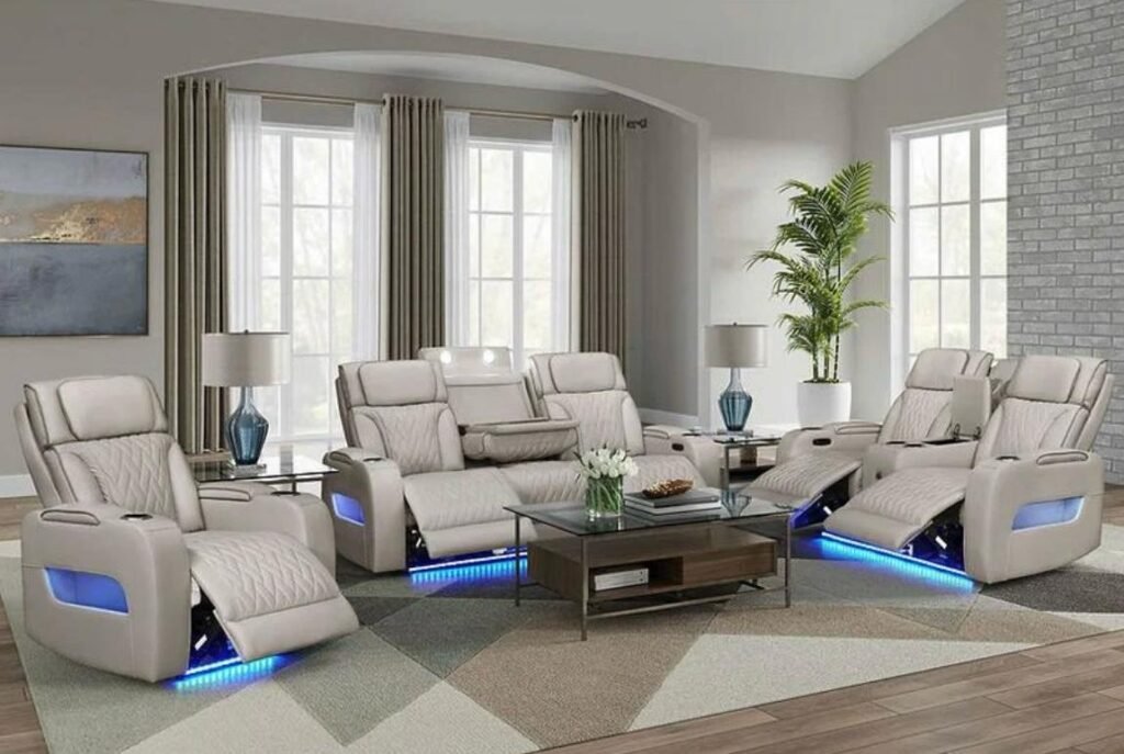 Luxury LED Reclining Living Room Set with Center Console – Beige Faux Leather Home Theater Style