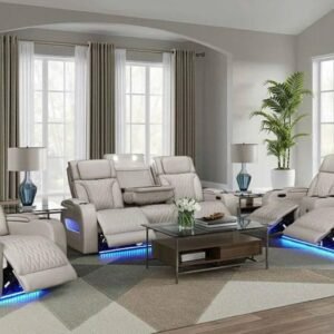 Luxury LED Reclining Living Room Set with Center Console – Beige Faux Leather Home Theater Style