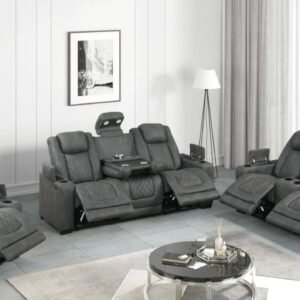 Luxury Reclining Home Theater Lounge Set with Center Console – Dark Gray Faux Leather