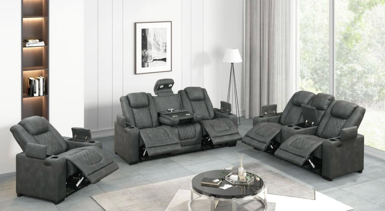 Luxury Reclining Home Theater Lounge Set with Center Console – Dark Gray Faux Leather