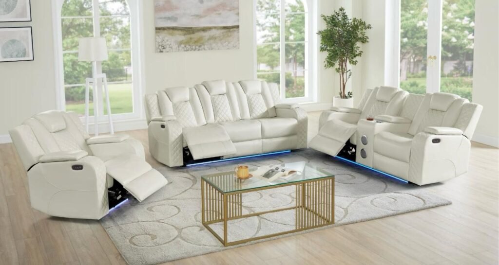 Luxury White Power Reclining Living Room Set with LED Lights – 3 Piece