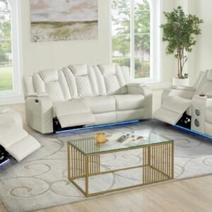 Luxury White Power Reclining Living Room Set with LED Lights – 3 Piece